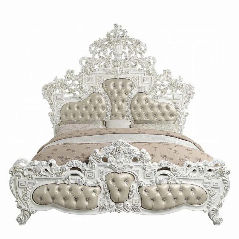 Benjara Kin King Size Bed, Ornate Vintage White, Tufted Beige Faux Leather