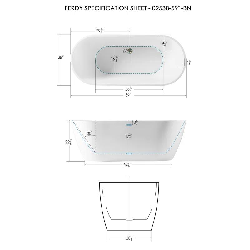 FerdY FerdY-02538-1500-BN Bali Freestanding Soaking Acrylic Bathtub with Brushed Nickel Drain