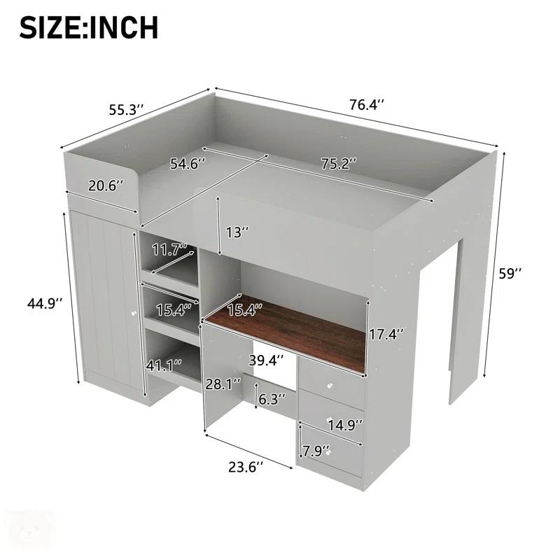NTYUNRR Wood Full Size Loft Bed With Built-In Wardrobe