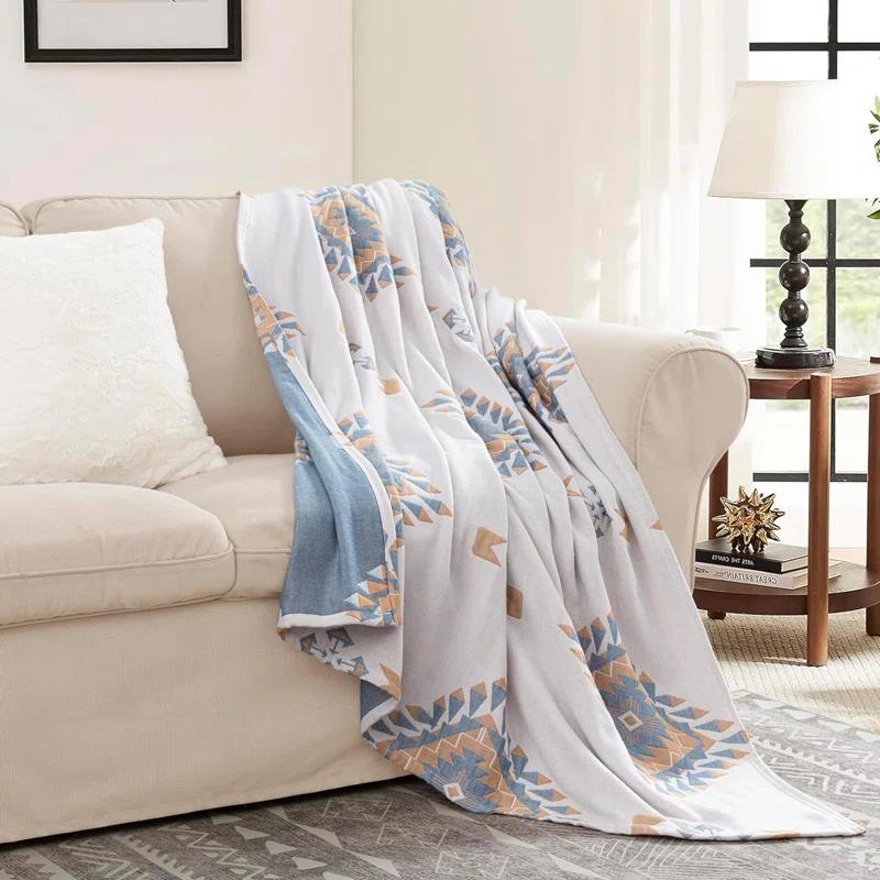 Chezmoi Collection Ezra Jacquard Woven Lightweight 4-Layer Reversible Cotton Thin Blanket