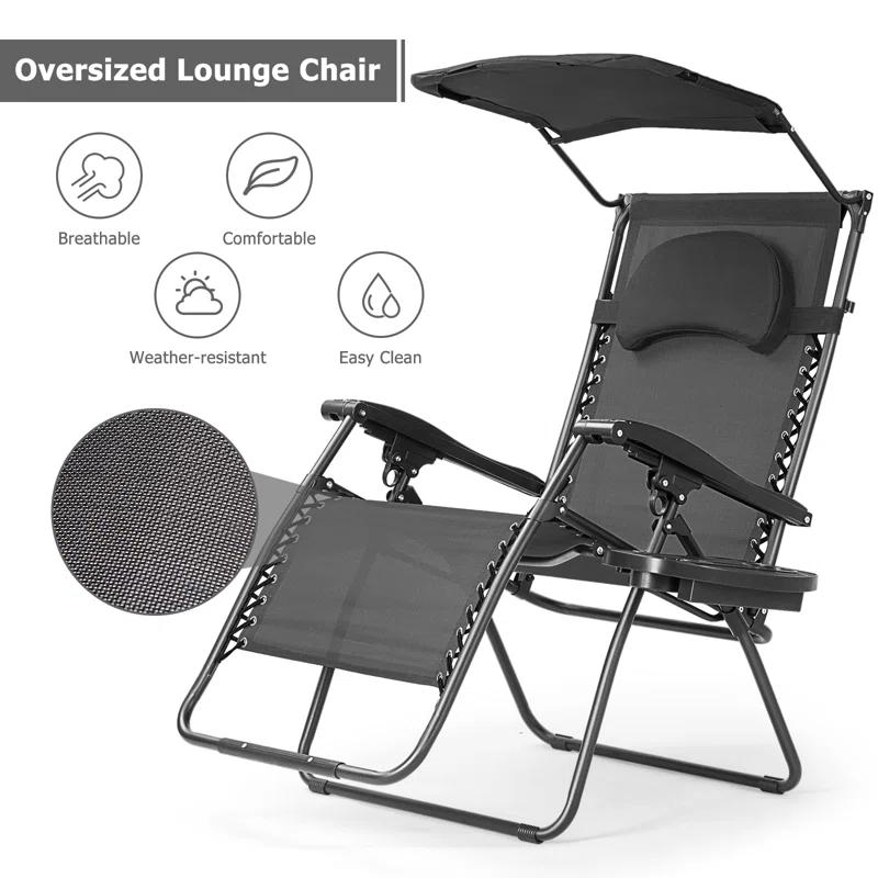 Arlmont & Co. Outdoor Folding Recliner Lounge Chair with Shade Canopy And Cup Holder
