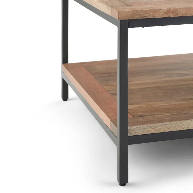 Simpli Home Skyler 34"W Solid Mango Wood Industrial Square Coffee Table with Open Shelf and Metal Frame