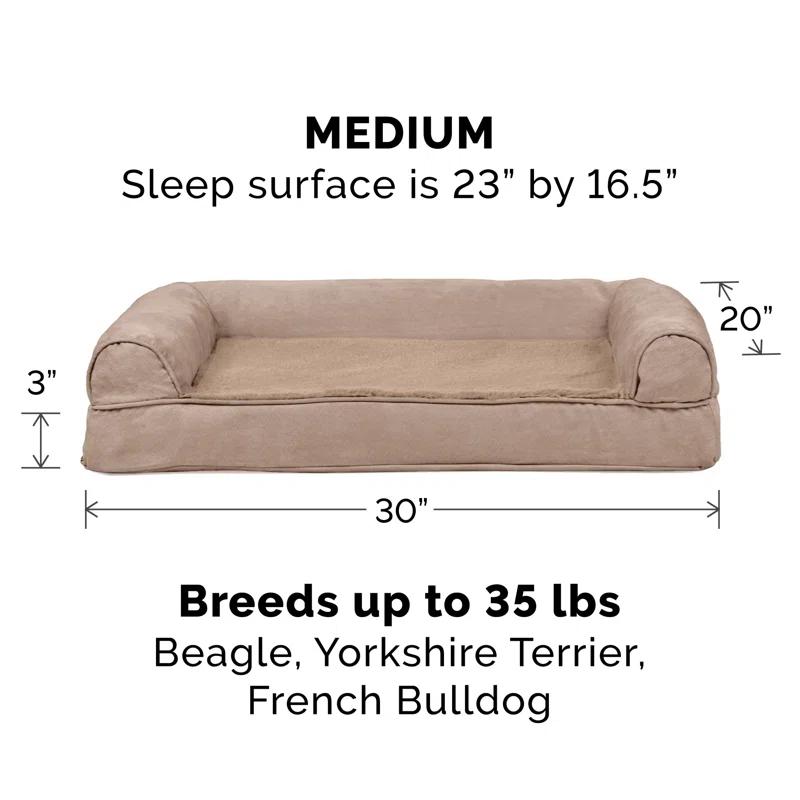 FurHaven Plush & Suede Full Support Orthopedic Foam Sofa Style Bolster Dog Bed