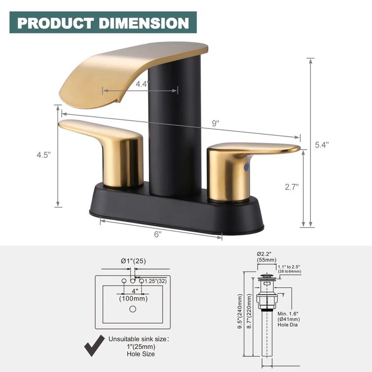 Aleasha 4-inch Centerset Double Handle Waterfall Bathroom Sink Faucet with Pop-up Drain Kit AL-2C69GB