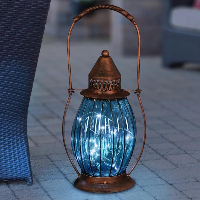Exhart Exhart Solar Antique Metal and Glass Accent Lantern with Fifteen LED Fairy Firefly String Lights, 7 by 14"