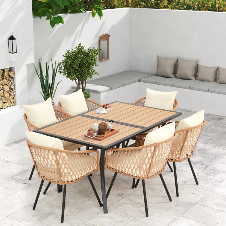 EROMMY 7 Piece Outdoor Dining Table Set, Patio Table And Chairs Set With 6 Rattan Chairs, Rectangular Table With Umbrella Hole, All-weather Patio Furniture For Backyard, Lawn, Garden