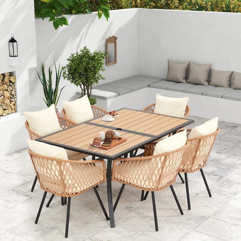 EROMMY 7 Piece Outdoor Dining Table Set, Patio Table And Chairs Set With 6 Rattan Chairs, Rectangular Table With Umbrella Hole, All-weather Patio Furniture For Backyard, Lawn, Garden