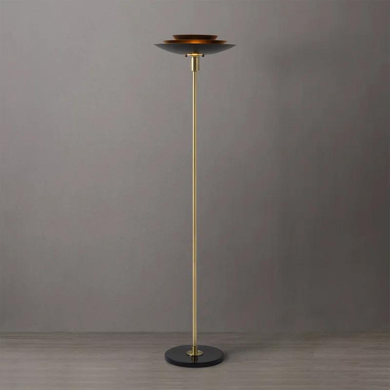 Rancho Mirage Torchiere Floor Lamp - Matte Black & Gold-Leaf Shade, Weathered Brass, Black Marble Base