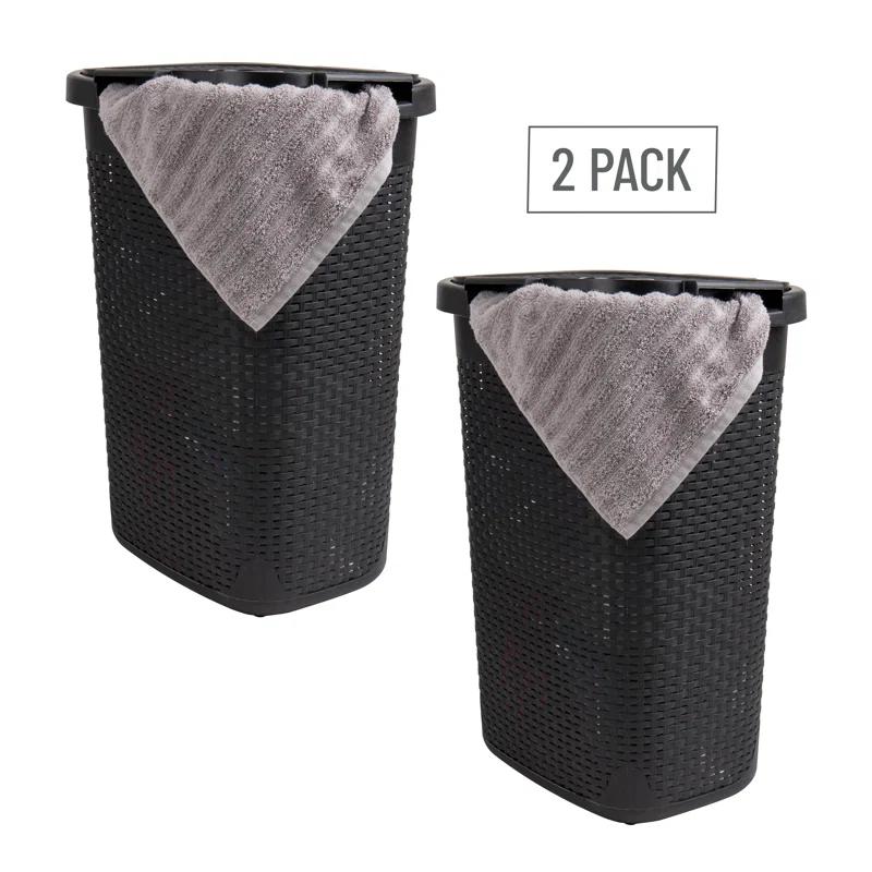 Mind Reader 60L Slim Laundry Hamper, Clothes Basket, Lid, Wicker Style, Plastic, 17.65"L x 13.75"W x 24.15"H, 2-Pack