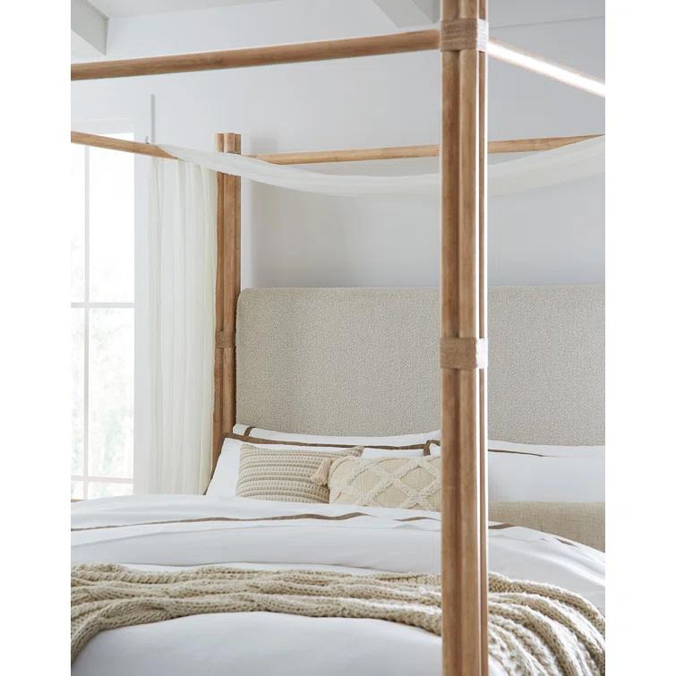 King Beige Upholstered Canopy Bed with Oak Frame