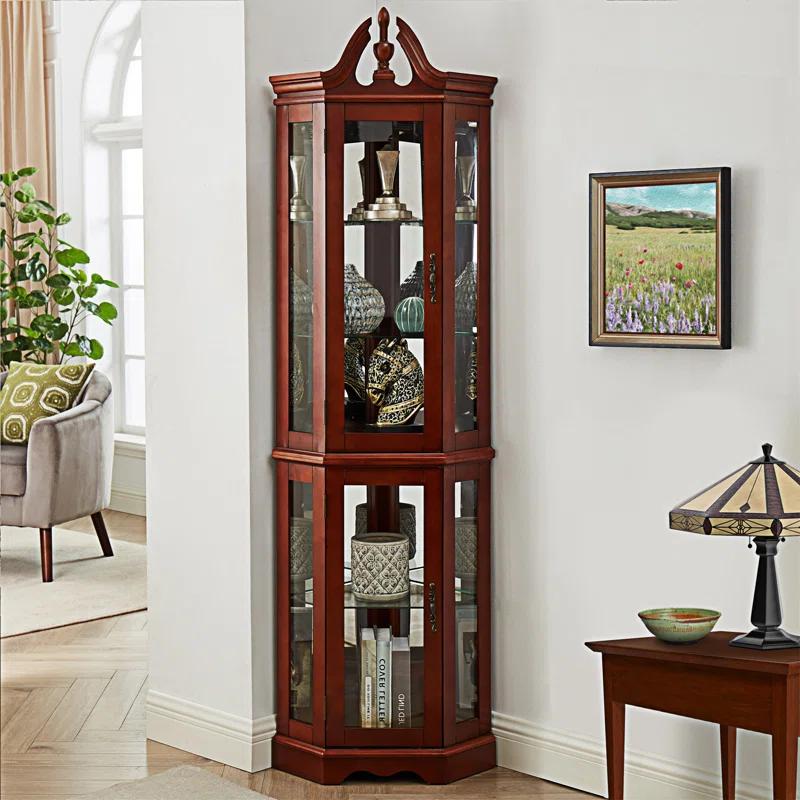 wendeway Walnut Corner Curio Cabinet With Lights,Adjustable Tempered Glass Shelves, Mirrored Back, Display Cabinet,Sideboard,Bookshelf