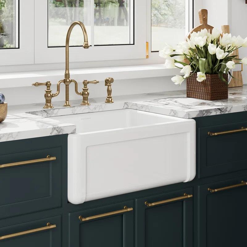 Whitehaus Collection WHRP2418-W Whitehaus Collection Reversible Fireclay Kitchen Sink with Grid: Three Edge Frame, Plain Front Apron