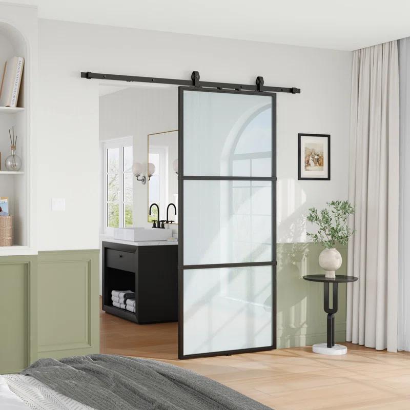 Metal and Glass Sliding Barn Door with Installation Hardware Kit ( Soft-close Included)