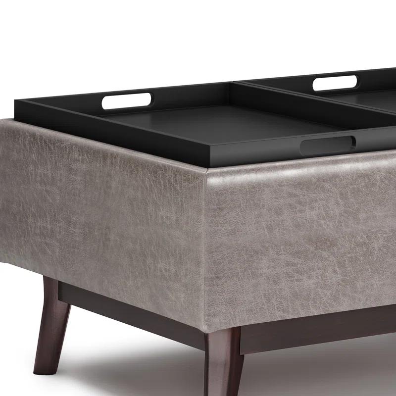 Simpli Home Owen 34"W Small Upholstered Coffee Table Storage Ottoman with Flip-Over Tray Top and Solid Wood Legs