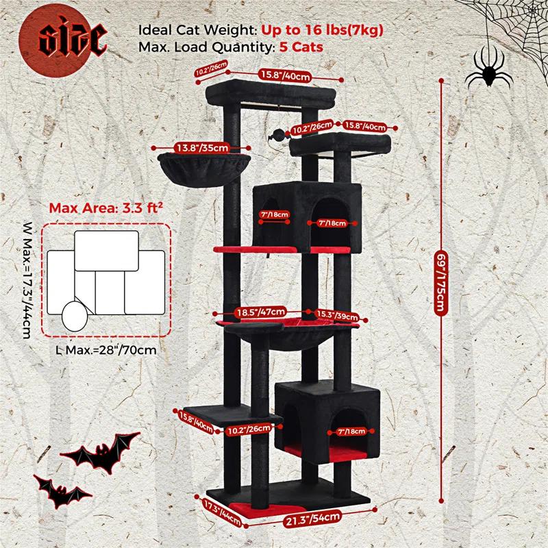 69" Tall Cat Tree For Indoor Large Cats, Large Cat Tower For Adult Cats With Super Large Hammock, Cat Climbing Tree Tower With Scratching Posts, Condo House And Large Top Perch