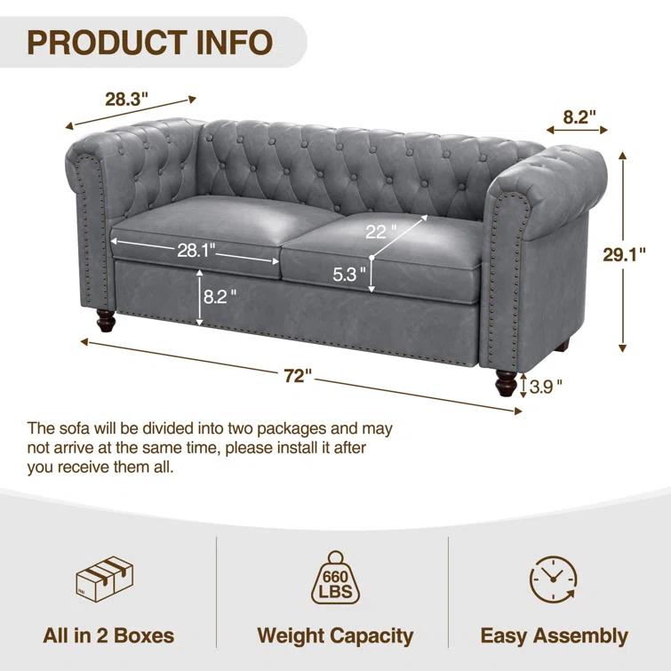 Alcott Hill® 72 Inch Couch Chesterfield Leather Sofa With Wooden Legs