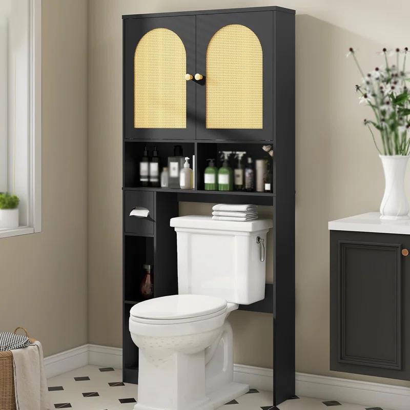 Bayou Breeze Over The Toilet Storage Cabinet, Rattan Storage Cabinet with 2 Doors & Toilet Paper Holder Stand, Freestanding Toilet Rack Space Saving and Adjustable Shelf