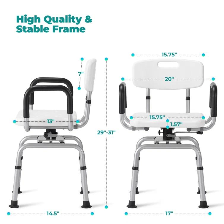 MARNUR 360 Degree Swivel Shower Chair, Adjustable Height Rotating Seat Bathtub Chair With Armrests And Back, White DR3194
