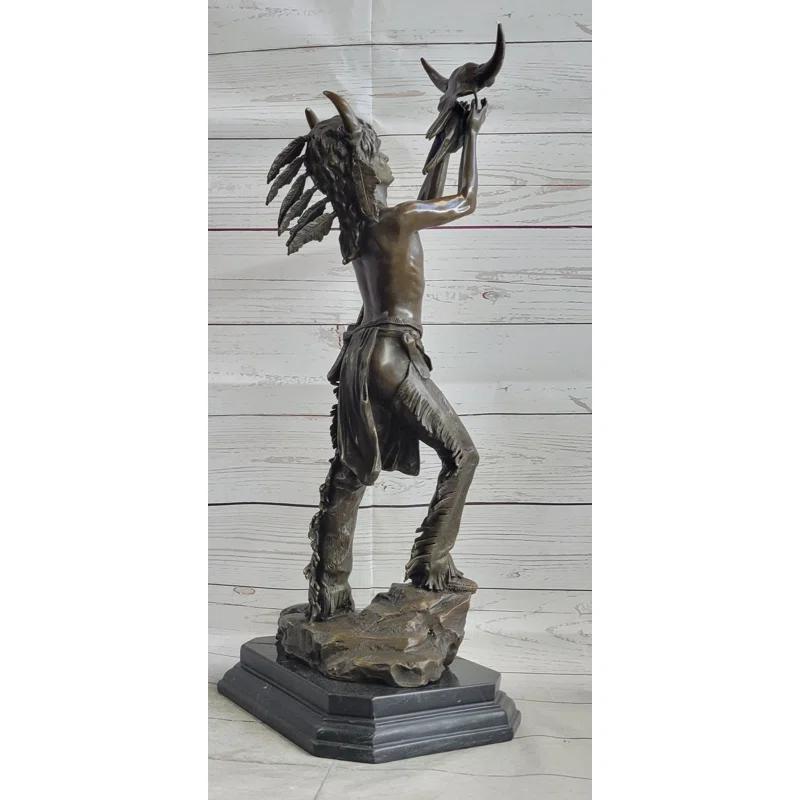 Canora Grey Taylee Native American Indian Shaman Medicine Man Holding Bison Skull Bronze Statue Sculpture 23" X 11"