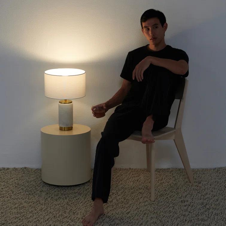 Brightech Arden 17 in. Mid-Century Modern LED Table Lamp with Fabric Drum Shade and USB Port