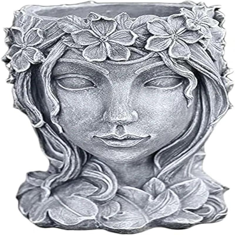 Winston Porter Head Planter Face Flower Pot Goddess Statue Planter Decorative Girl Portrait Planter Indoor Outdoor Girl Face Flower Vase Container Planter (Gray)