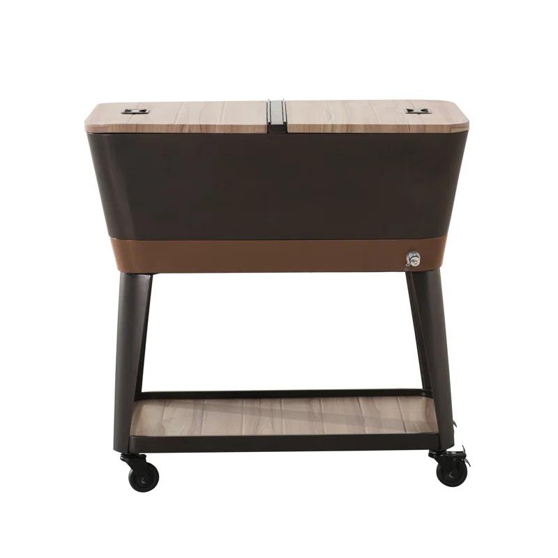 Sunjoy Durant 80-Quart Wood Grain Finish Metal Rolling Ice Chest Cooler Cart with Storage Shelf, Steel Bottle Opener, and Lockable Wheels