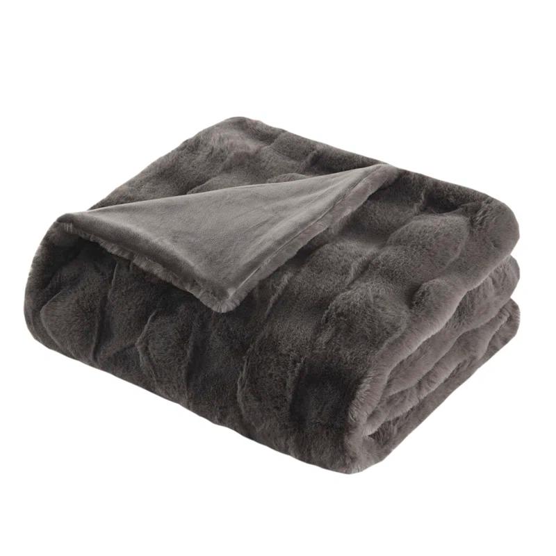 Gray Reversible Faux Fur Basketweave Throw Blanket