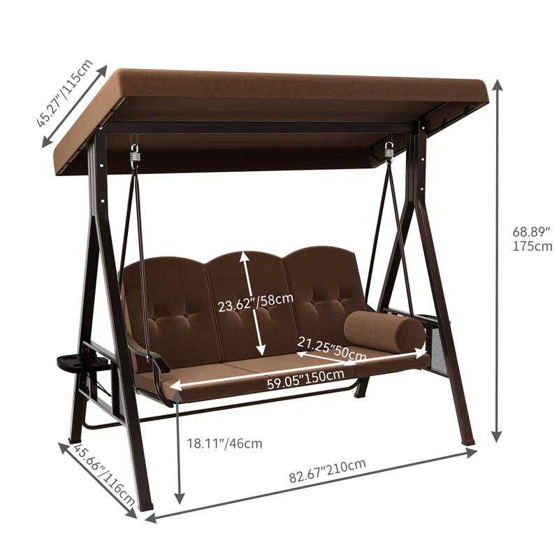 Arlmont & Co. 3-Person Porch Swing with Cup Holders with Removable Cushions and Convertible Canopy