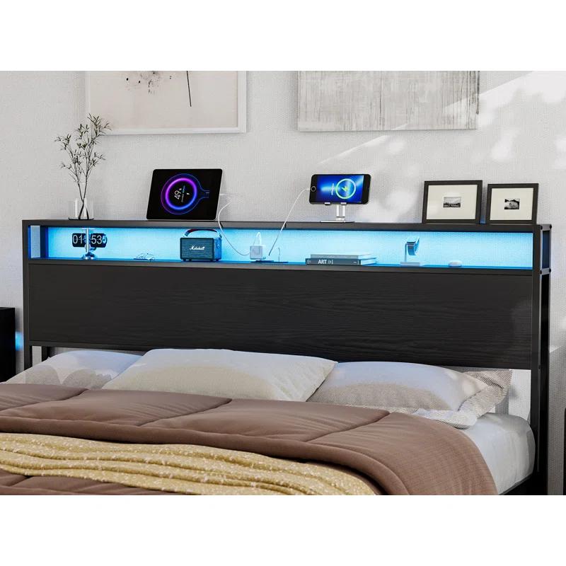 Kaiwei Storage Headboard With Led Lights & Charging Station - Industrial Metal And Wood