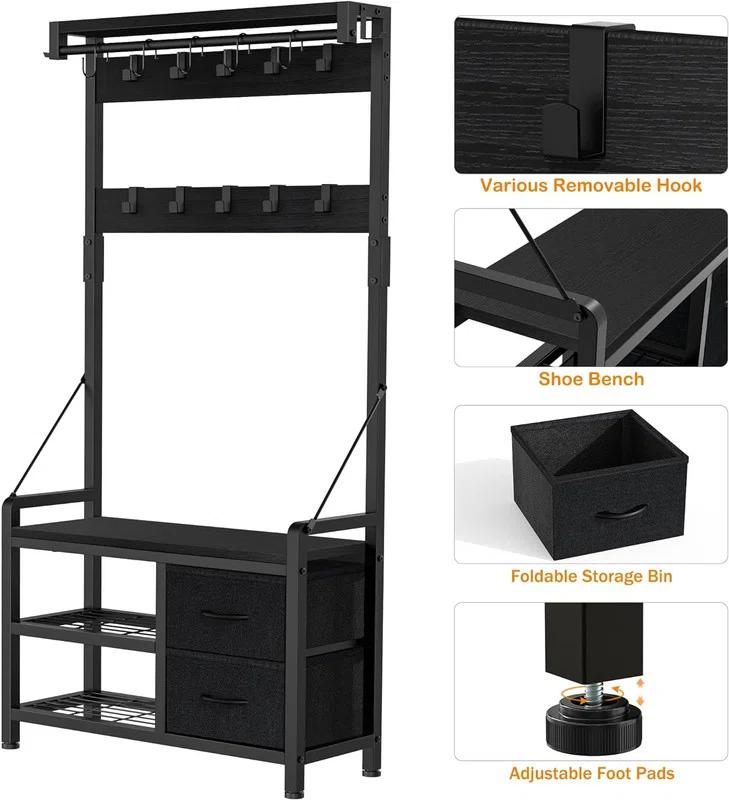Hall Tree, 31” Entryway Bench with Coat Rack freestanding, 5 in 1 Intelligent Design Shoe Bench