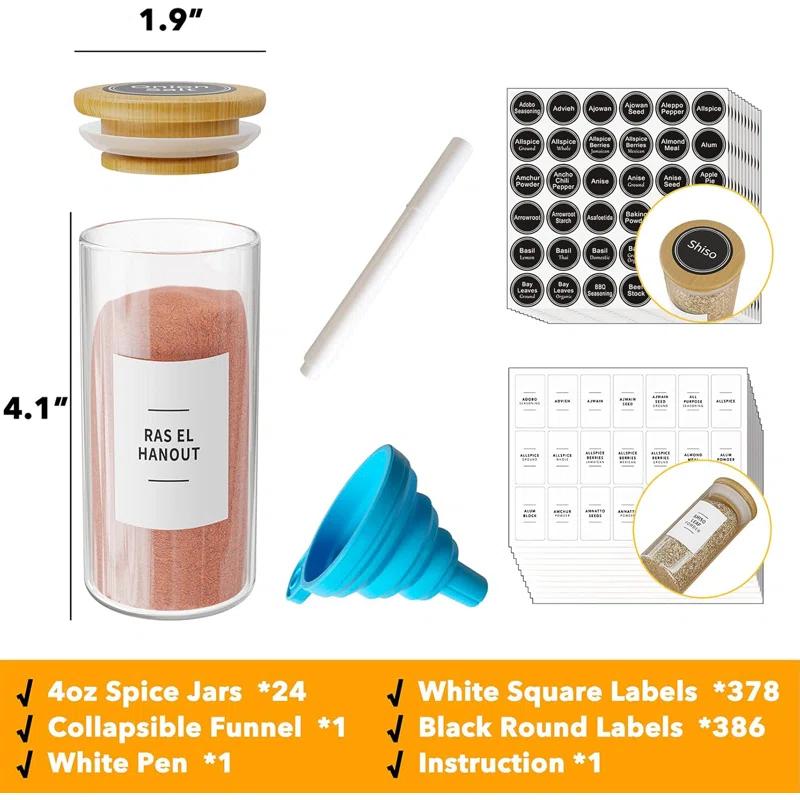 SpaceAid 24-Piece Spice Jar Set with Bamboo Lids and Labels, Empty 4oz Glass Bottles, Minimalist Farmhouse Style Stickers, Funnel, and Seasoning Containers for Spice Racks, Cabinets, and Drawers