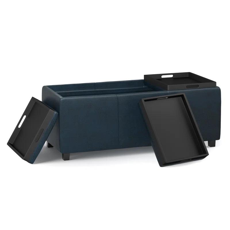 Simpli Home Avalon 42"W Upholstered Storage Ottoman with 3 Flip-Over Serving Trays