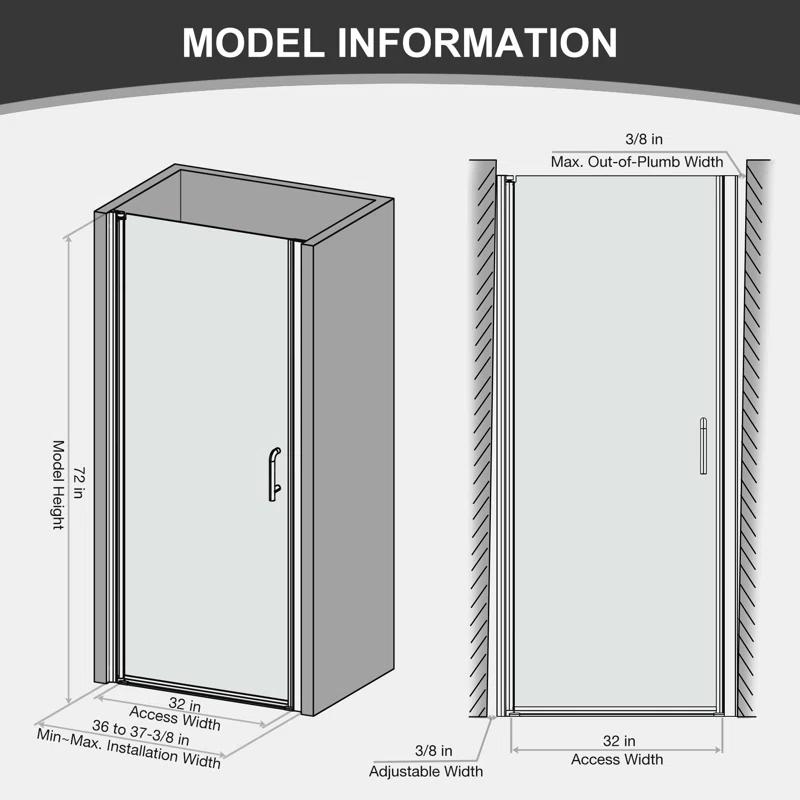 37-3/8 In Semi-Frameless Pivot Shower Door in Chrome With Clear Glass