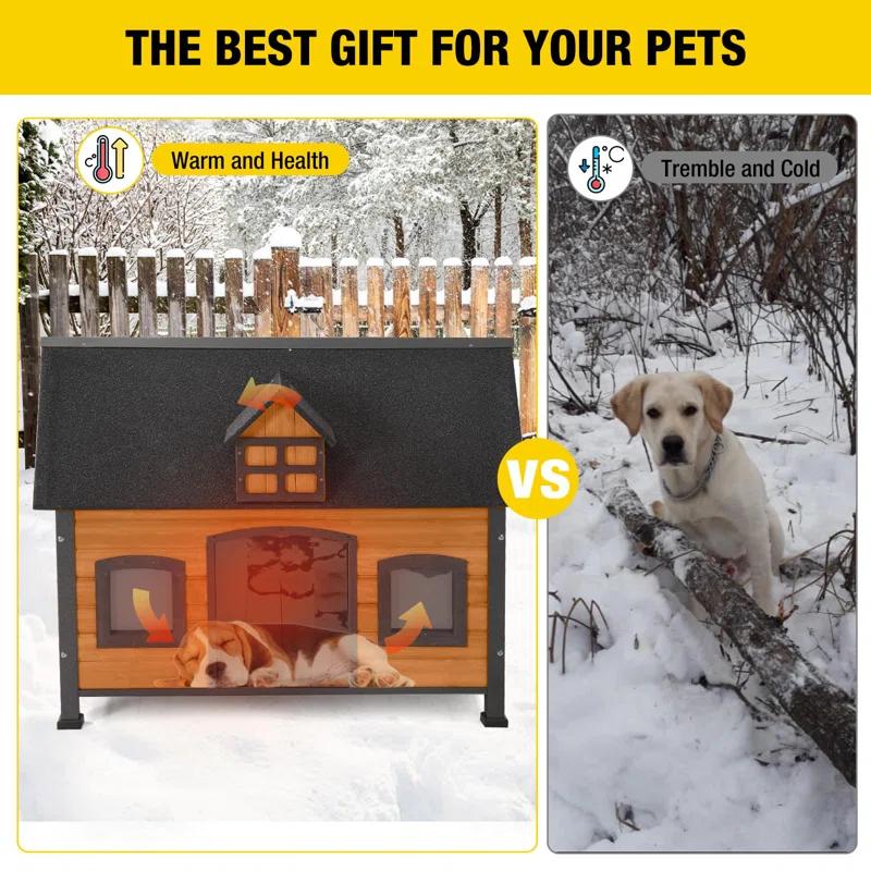 Archie & Oscar™ Insulated Outdoor Dog House with Insulated Liner, Anti-Chewing Iron Frame Wooden Dog Kennel with Unique Design Roof, Weatherproof Dog House for Outdoor Indoor