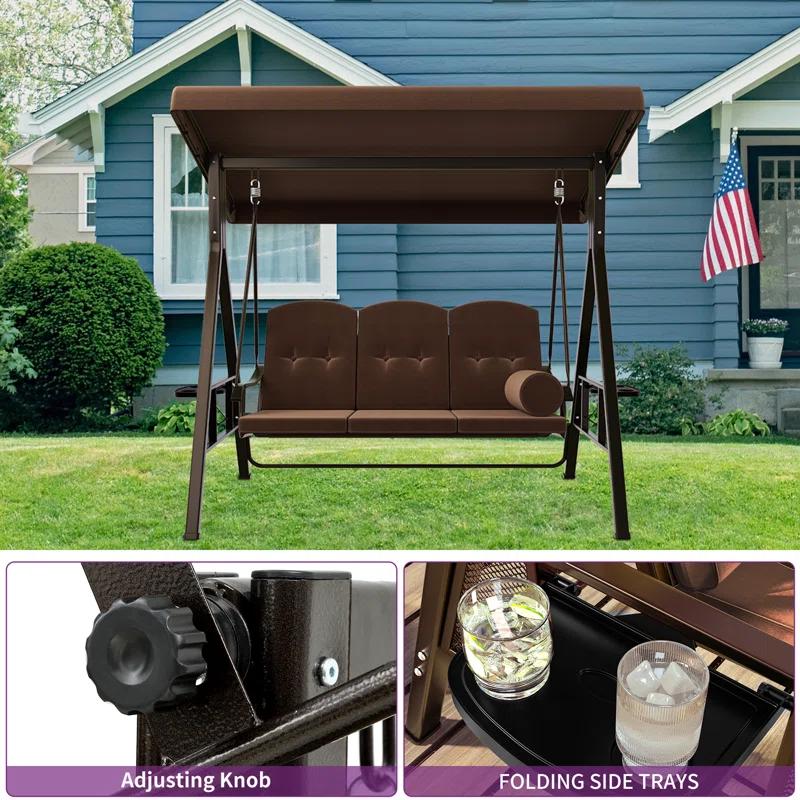 Arlmont & Co. 3-Person Porch Swing with Cup Holders with Removable Cushions and Convertible Canopy