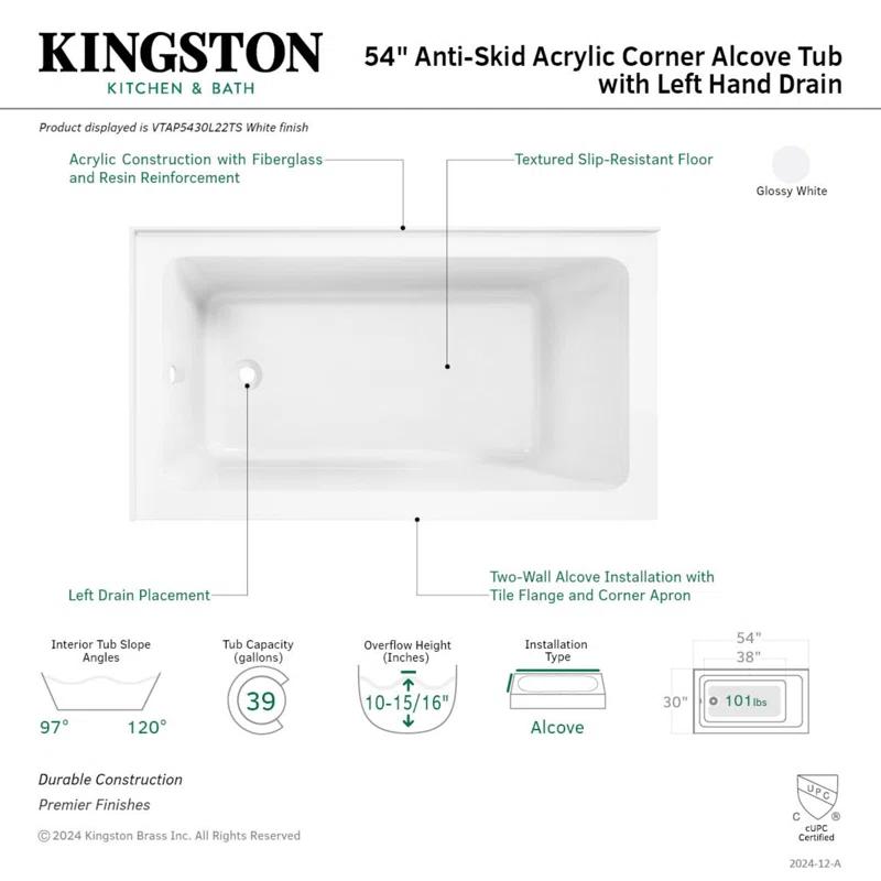 Kingston Brass Aqua Eden 54-Inch Acrylic Rectangular 2-Wall Corner Alcove Tub, Hand Drain
