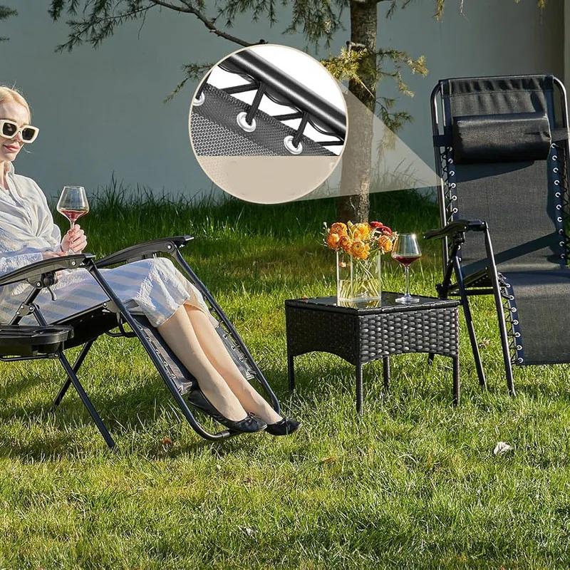 Arlmont & Co. Zero Gravity Chairs, Set of 2 Portable Recliner Folding Lounge Chair with Cup Holder Trays and Adjustable Pillow for Poolside & Lawn (Black)