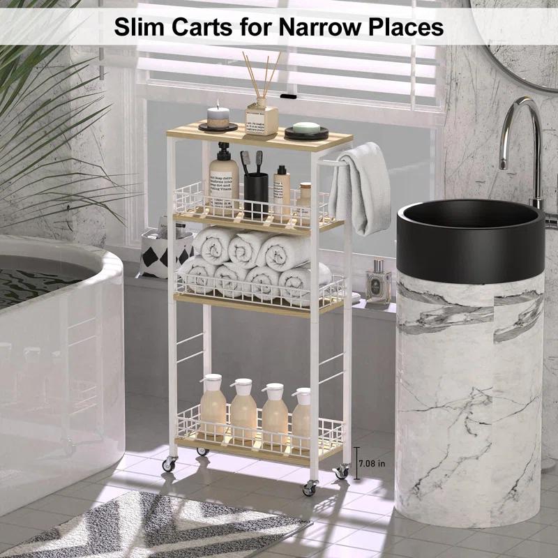 SPECIALTY FLOORING INC Slim Storage Cart Narrow Storage Cabinet 4 Tier Laundry Room Organization Mobile Bathroom Shelving Unit Organizer Rolling Utility Cart Slide Out Kitchen Cart Tower Rack For Narrow Places 7.08'W,(White)