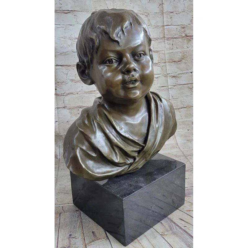Red Barrel Studio® Bronze Metal Bust Statue Sculpture Of Young Boy Child On Marble Base Signed Original Art
