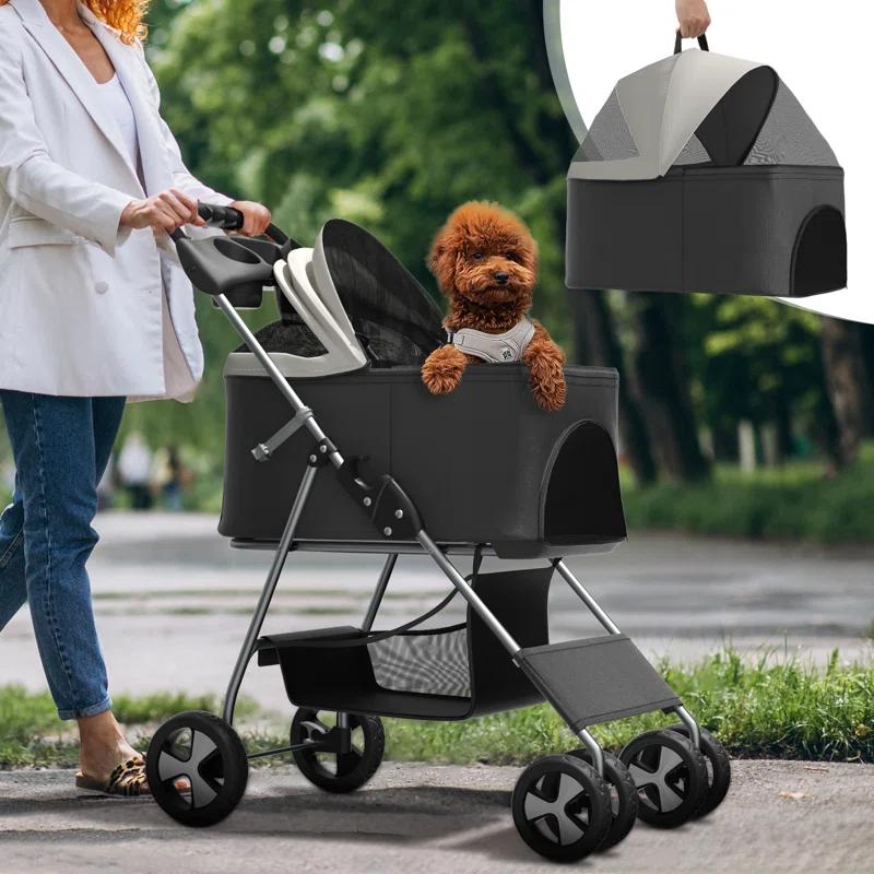 MoNiBloom Folding Pet Stroller, Foldable Dog Jogger Stroller with Detachable Carrier, Basket and Cup Holder