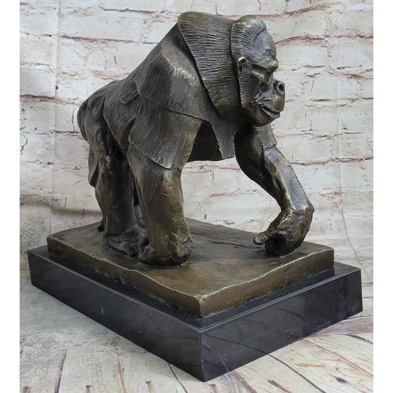 Bungalow Rose Xaila Gorilla Sculpture Statue Figure Bronze Metal Signed Art On Marble Base By Vobisova