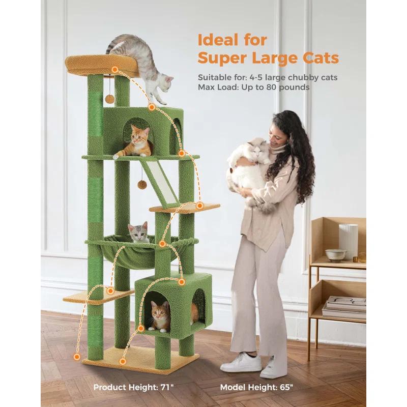 71" Indoor Tall Large Cat Tree Multi-Level Cat House With 2 Big Condo Pad Bed, Cozy Hammock And Scratching Posts