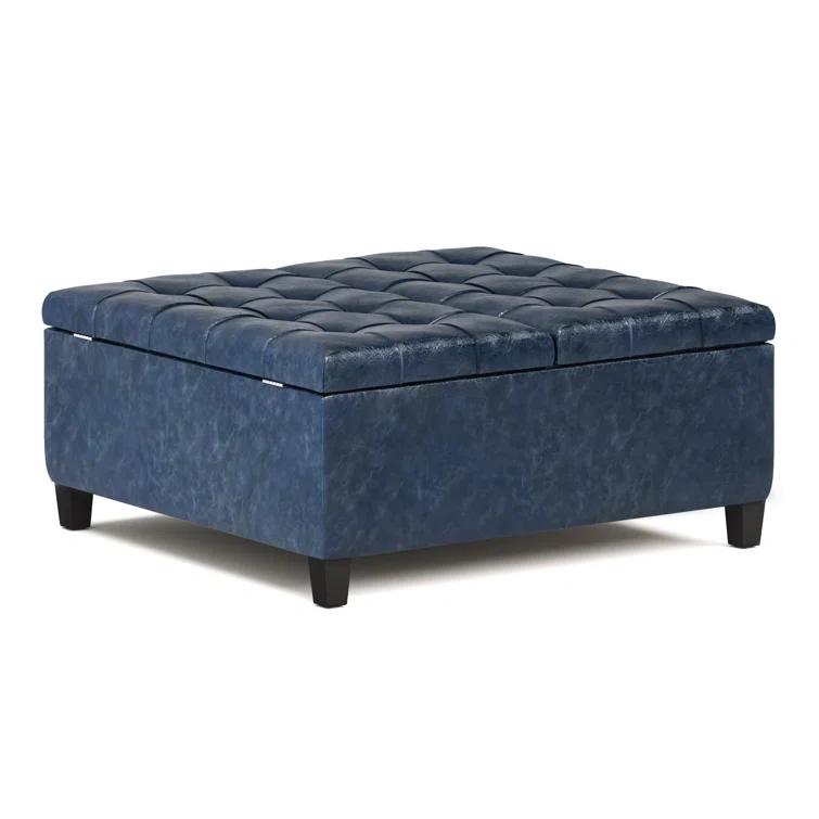 Simpli Home Harrison 36"W Upholstered Square Coffee Table Storage Ottoman with Split Lift Top