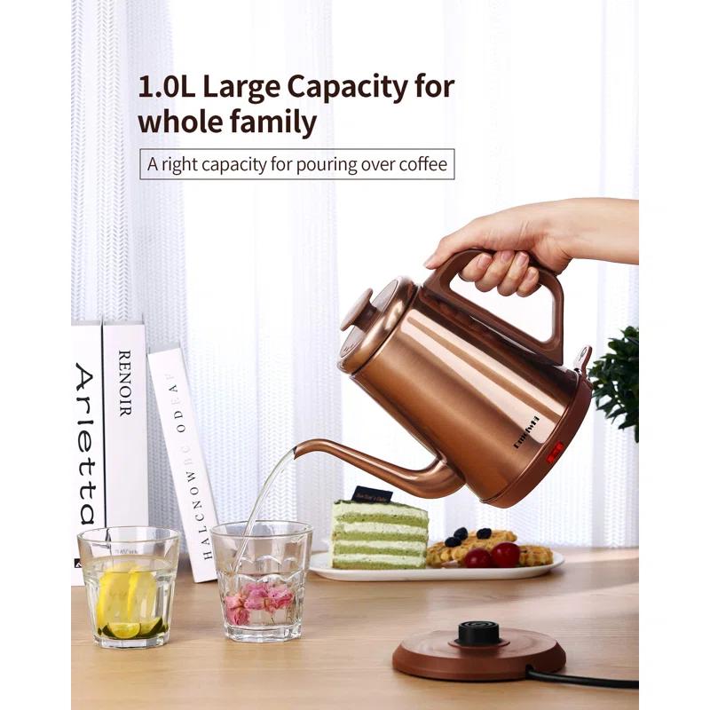 Basowin Gooseneck Electric Kettle(1.0L),1000W Electric Tea Kettle Of 304 Stainless Steel,Auto Shut Off,Coffee Kettle For Pour Over And Tea