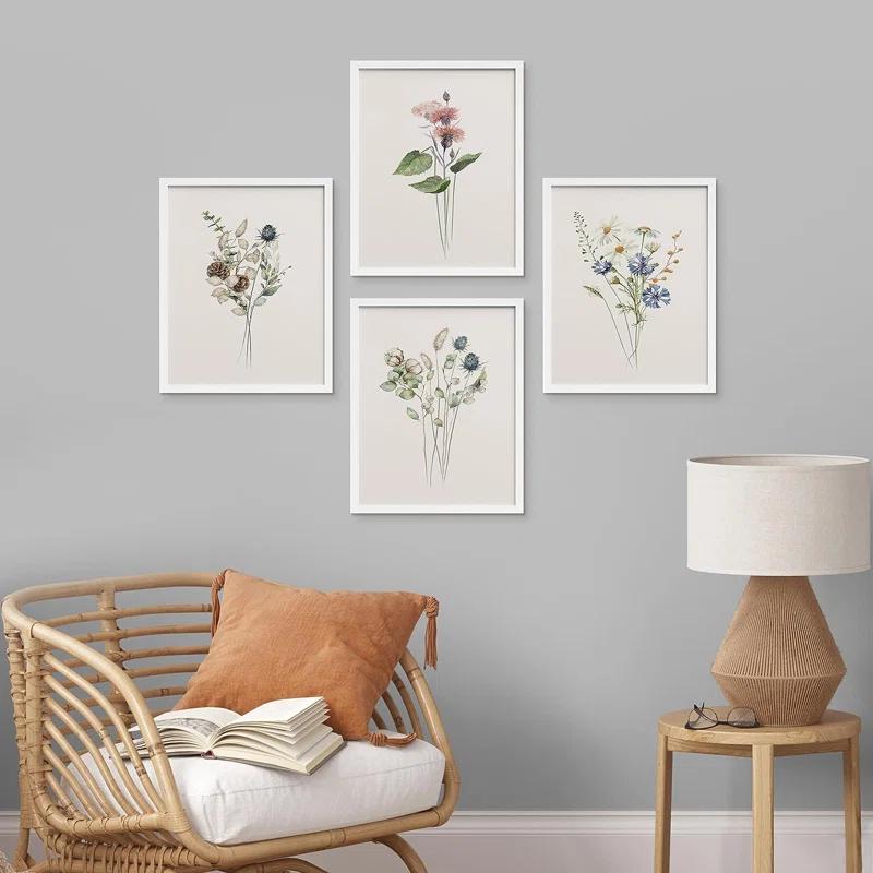 IDEA4WALL Minimal Botanical " IDEA4WALL Framed Pastel Watercolor Green Leaves Wall Art, Set Of 4 Nature Wilderness Wall Decor Prints, Botanical Floral Wall Decor For Living Room, Bedroom " 4 - Pieces