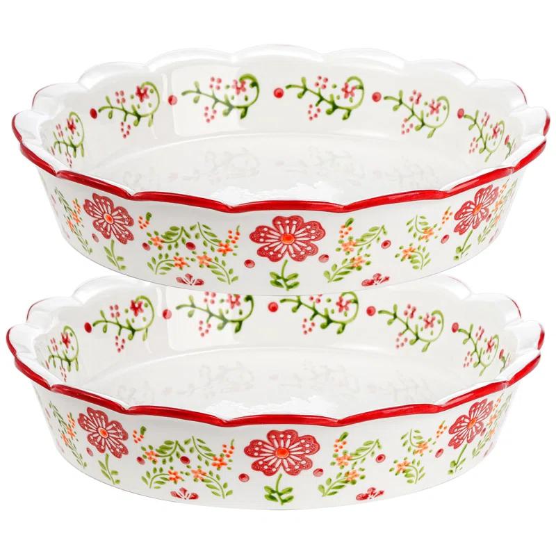 MASTER CRAFT WINDOW AND DOOR 2 Pack Ceramic Pie Plate For Baking With Fluted Rim, 9 Inch Round Pie Dish Colorful Floral Pie Pan Deep Quiche Baking Dish For Dessert, Pies, Quiche, Baking, Dishwasher And Microwave Oven Safe