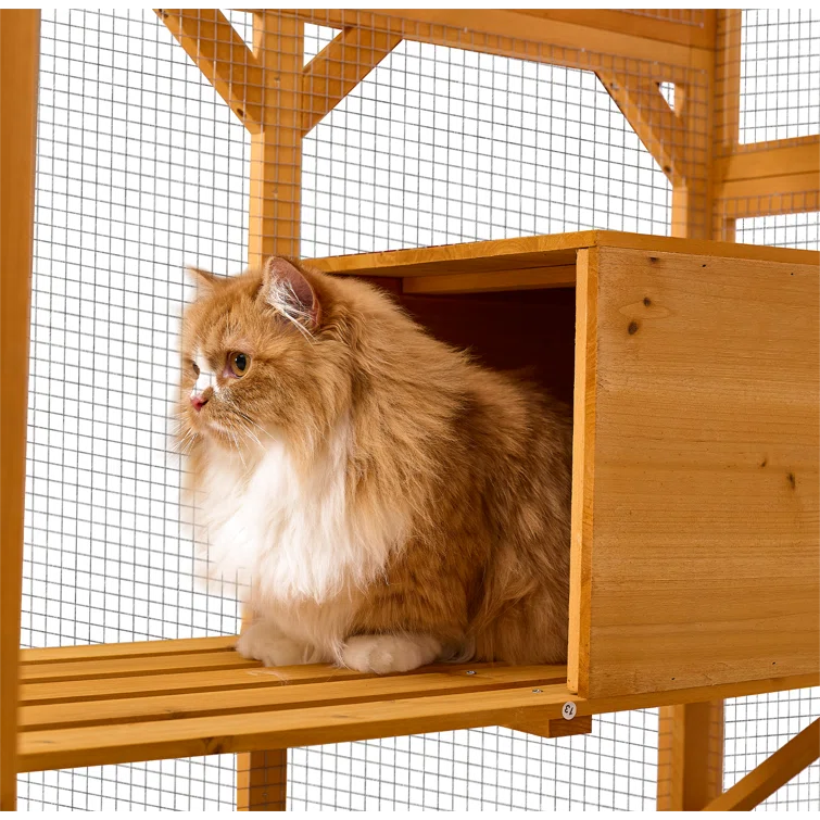 Gracie Oaks Outdoor Cat Enclosure with Roof 72" Height Cat Wooden House Large Cat Catio