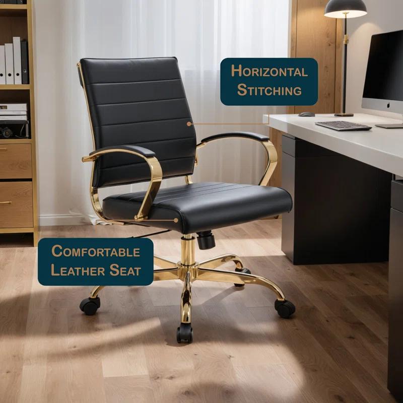 Everly Quinn Naudain Leather Office Chair – Modern Executive Swivel Task Chair with Wheels, Adjustable Height & Padded Arms for Desk or Conference Room