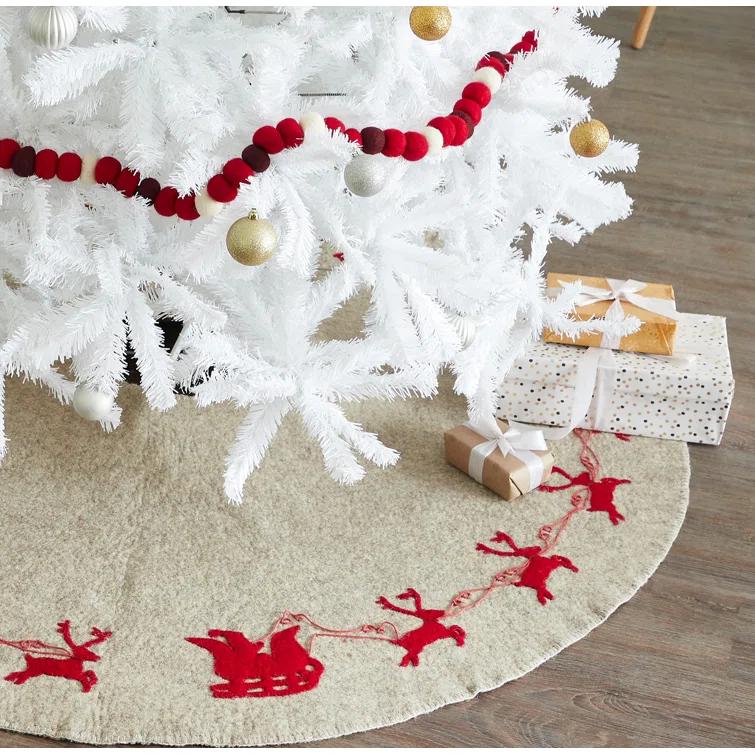 Arcadia Home Reindeer tree skirt- grey with red reindeer and cream whip stitch-72"