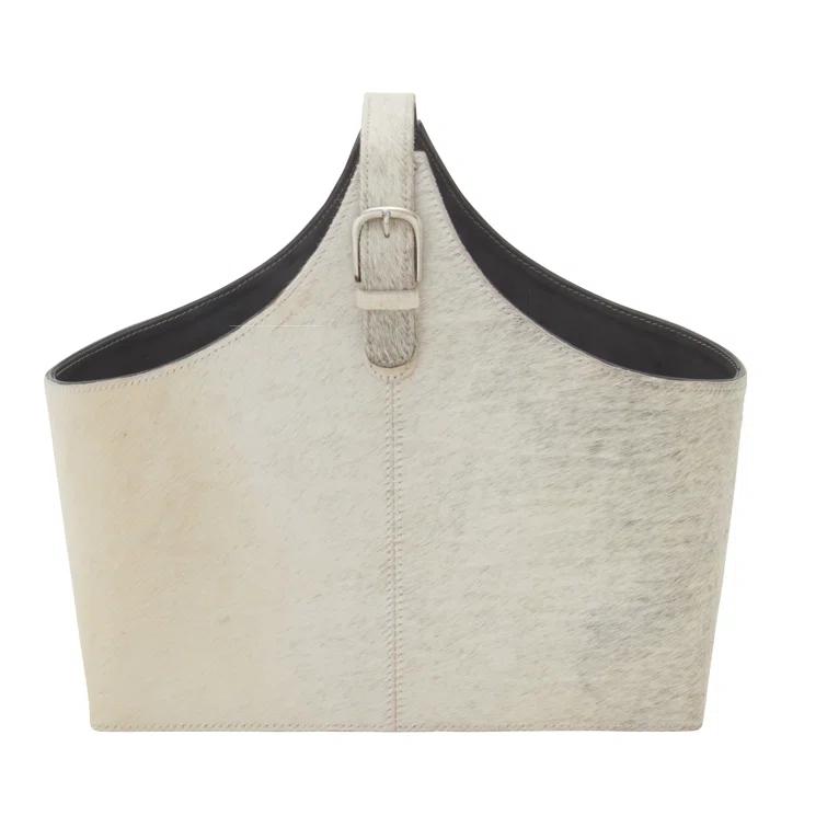 Millwood Pines Sandie Leather Handmade Wood Decorative Magazine Holder with Detail Stitching and Curved Buckle Handles